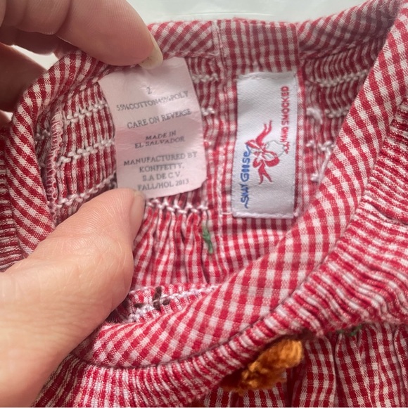 Silly Goose Hand Smocked Fall/ Holiday Red Gingham with Horses Dress - Sz2 - Picture 2 of 3